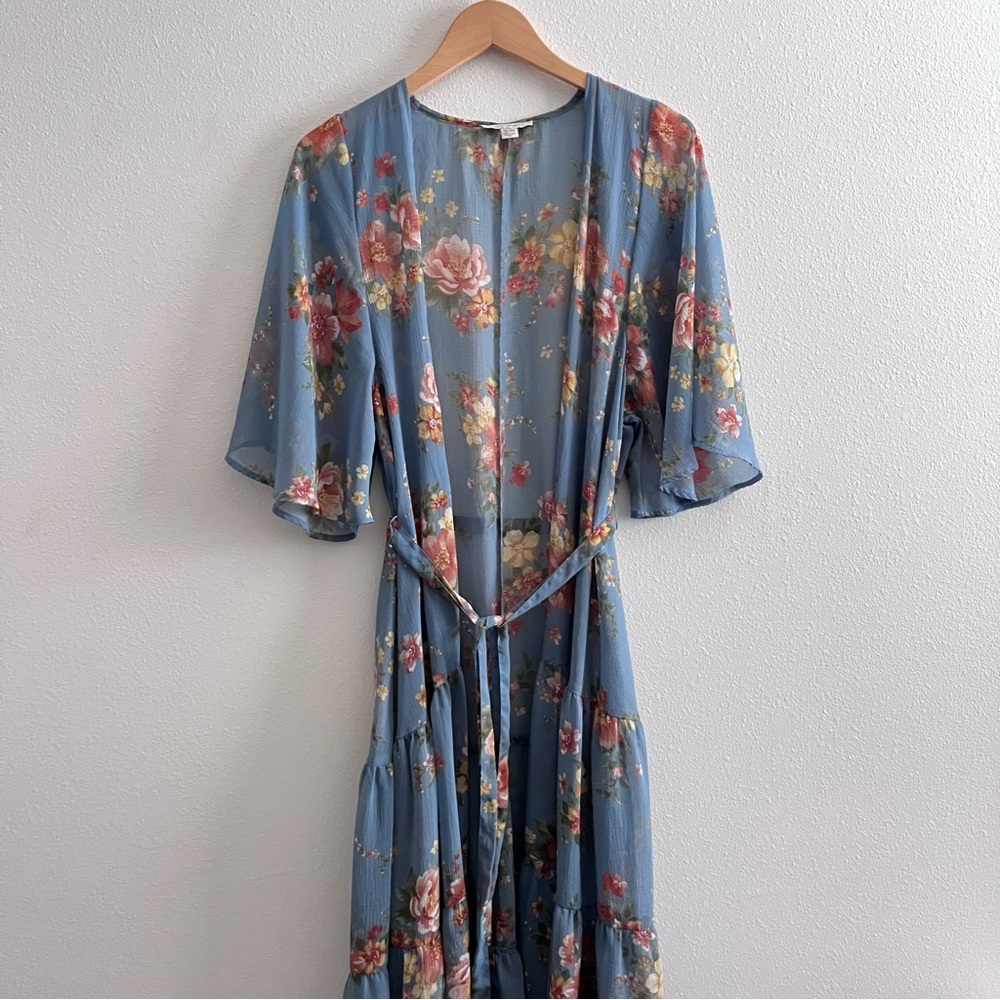 American Eagle Outfitters Boho Blue Floral Maxi Dress Sheer Kimono Tie Waist